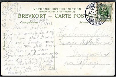 5 øre Fr. VIII på brevkort fra Villestofte annulleret med bureaustempel Odense - Brænderup - Middelfart T.2 d. 27.7.1912 til Damgaarden pr. Veflinge