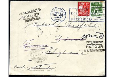 10 øre Bølgelinie og 15 øre Karavel på brev fra København d. 15.7.1930 til poste restante i Bone, Algeriet - eftersendt til Tunis og efterfølgende returneret til fra Tunis d. 22.7.1930.