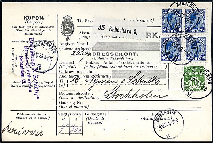 10 øre Bølgelinie og 40 øre Chr. X (4) på 170 øre frankeret internationalt adressekort for pakke fra Kjøbenhavn 8 (Frihavnen) d. 3.10.1923 til Stockholm, Sverige.