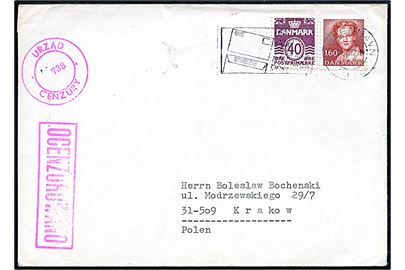 40 øre Bølgelinie og 1,60 kr. Margrethe på brev fra København d. 22.2.1982 til Krakow, Polen. Åbnet af polsk censur under den militære undtagelsestilstand i 1982.