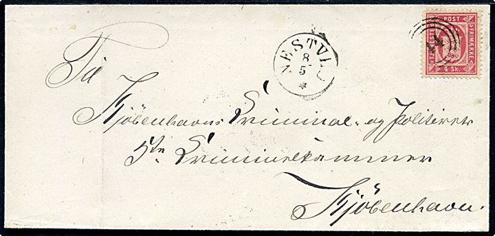 4 sk. Tjenestemærke på brev annulleret med nr.stempel 44 og sidestemplet antiqua Nestved d. 8.5.187x til Kjøbenhavn. På bagsiden lukkeoblat fra 4 Dragon Regiment.