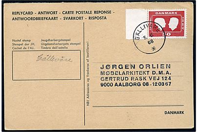 50 øre Margrethe bryllup på internationalt svar-brevkort annulleret med svensk stempel i Gälliväre d. 5.6.1968 til Aalborg, Danmark.