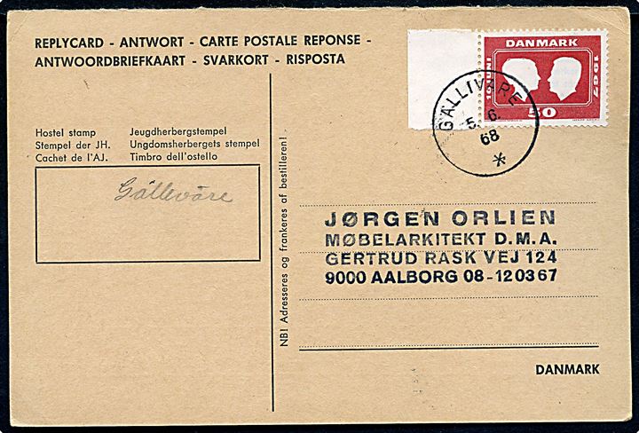 50 øre Margrethe bryllup på internationalt svar-brevkort annulleret med svensk stempel i Gälliväre d. 5.6.1968 til Aalborg, Danmark.