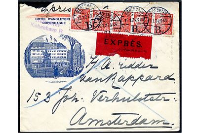 15 øre Karavel (5) på illustreret kuvert fra Hotel d'Angleterre sendt som ekspres fra København d. 15.1.1927 til Amsterdam, Holland. Violet stempel: Kassebrev København B. Kuvert urent åbnet.