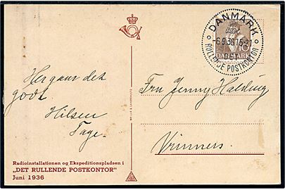 10 øre Tavsen på brevkort annulleret med særstempel Danmark * Det rullende Postkontor * d. 6.9.1936 til Vrinners. Det rullende Postkontor var opstillet i Grenaa i dagene 5.-6.9.1936 i forb. med folkefest.