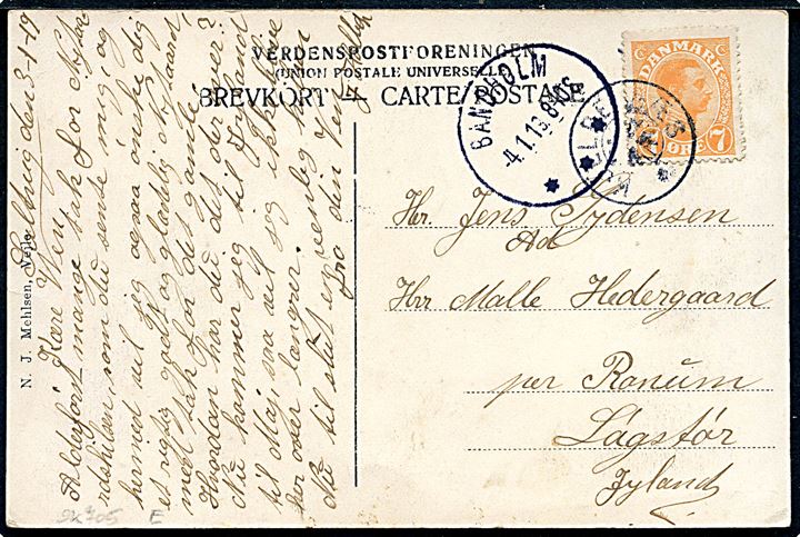 7 øre Chr. X på brevkort annulleret med stjernestempel KJELDERNÆS og sidestemplet Bandholm d. 4.1.1919 til Ranum pr. Løgstør.