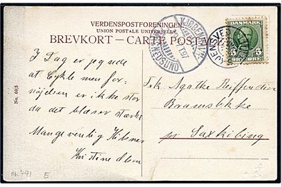 5 øre Fr. VIII på brevkort annulleret med stjernestempel LILLE SKJENSVED og sidestemplet bureau Kjøbenhavn - Masnedsund T.97 d. 23.9.1907 til Sakskøbing.