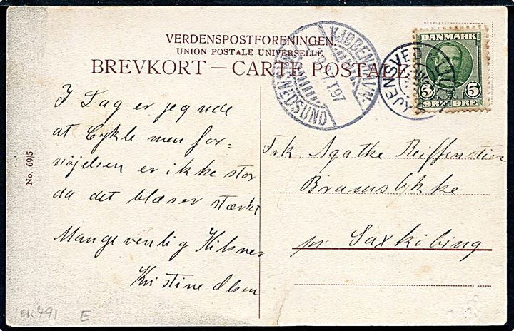 5 øre Fr. VIII på brevkort annulleret med stjernestempel LILLE SKJENSVED og sidestemplet bureau Kjøbenhavn - Masnedsund T.97 d. 23.9.1907 til Sakskøbing.