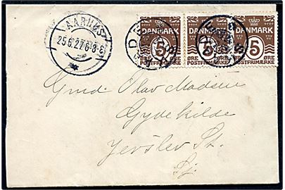 5 øre Bølgelinie (3) på brev annulleret med stjernestempel SKAADE og sidestempel Aarhus d. 25.6.1927 til Jerslev.
