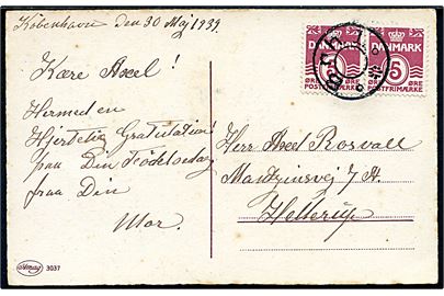 5 øre Bølgelinie (par) på brevkort dateret d. 30.5.1939 annulleret med udslebet stjernestempel Brh.1. til Hellerup.