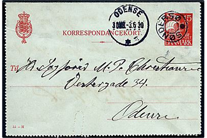 15 øre Karavel helsags korrespondancekort (fabr. 55-H) annulleret med udslebet stjernestempel SØNDERSØ og sidestemplet Odense d. 3.6.1930 til Odense.