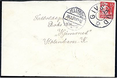 15 øre Karavel på brev annulleret med udslebet stjernestempel GIVSKUD og sidestemplet Jellinge d. 26.2.1938 til København.