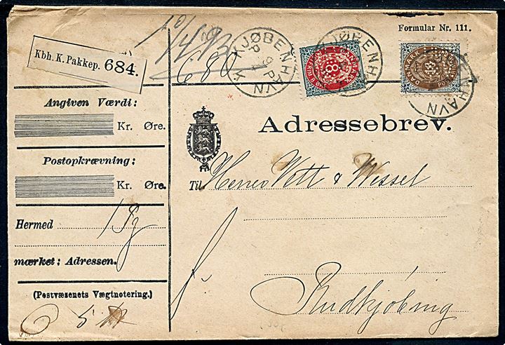 8 øre og 16 øre Tofarvet med perfin Th.W. & V. på adressebrev for pakke fra firma Th. Wessel & Vett annulleret med lapidar Kjøbenhavn P P d. 9.4.1893 til Rudkjøbing.
