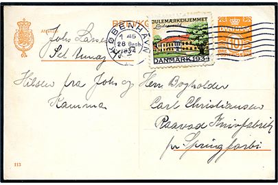 10 øre helsagsbrevkort (fabr. 113) med Julemærke 1934 (defekt) fra København d. 28.12.1934 til Raadvad Knivfabrik pr. Springforbi.