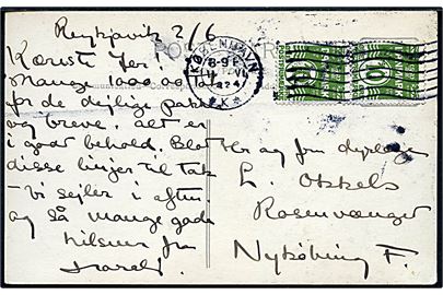10 öre Bølgelinie i parstykke på brevkort (Inspektionsskibet HMS Fylla) dateret Reykjavik d. 2.6.1924 og annulleret i København d. 11.6.1924 til Nykøbing F. Sendt i lukket marinesæk fra Island til København.