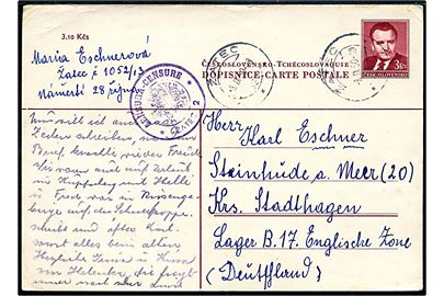 3 kcs. helsagsbrevkort fra Zatec d. 8.9.1950 til flygtning i Lager B17 i Steinhüde a. Meer, Tyskland. Tjekkisk censur.