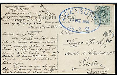 5 cts. Alfonso XIII på brevkort fra Manresa d.  8.12.1916 til Lissabon, Portugal. Blå portugisisk censurstempel CENSURA * No. 8 * d. 13.12.1916.