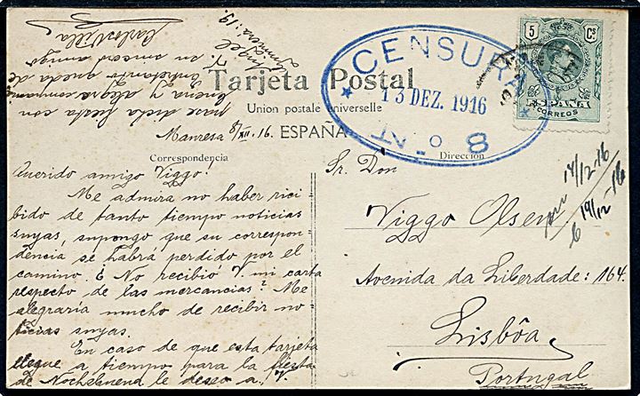 5 cts. Alfonso XIII på brevkort fra Manresa d.  8.12.1916 til Lissabon, Portugal. Blå portugisisk censurstempel CENSURA * No. 8 * d. 13.12.1916.