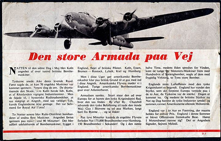 Den store Armada paa Vej. Illustreret flyveblad nedkastet af RAF i 1942. Formular D5.