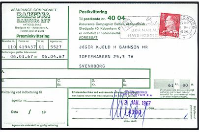 50 øre Fr. IX på indbetalingskort fra Svendborg d. 30.12.1966. Violet trodat kvitteringsstempel Svendborg Postkontor 4300 d. 2.1.1967. Interessant stempel med sorteringskode 4300 - forløber for postnumre.