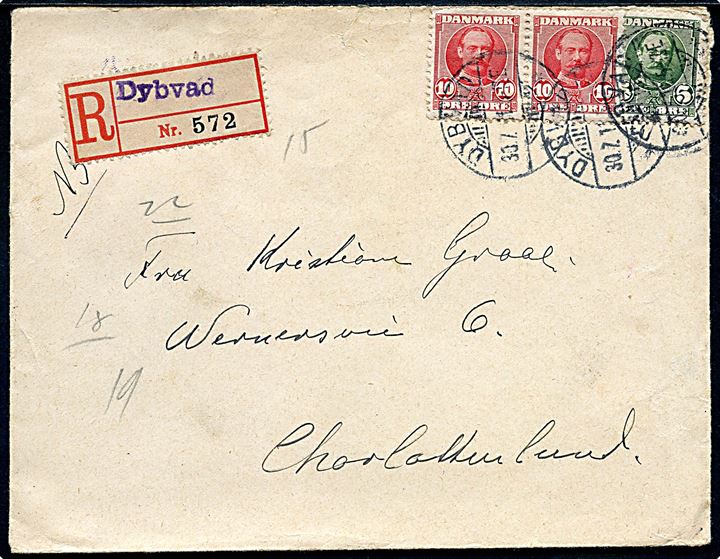 5 øre og 10 øre (par) Fr. VIII på anbefalet brev fra Dybvad d. 30.7.1911 til Charlottenlund. Blanco-rec.-etiket med liniestempel Dybvad.