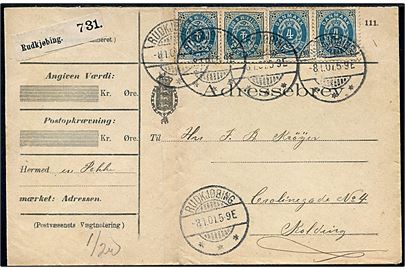 4 øre Tofarvet omv. rm. (4) på adressebrev for pakke fra Rudkjøbing d. 8.1.1901 til Kolding. Lodret fold.