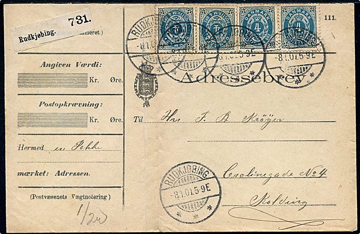 4 øre Tofarvet omv. rm. (4) på adressebrev for pakke fra Rudkjøbing d. 8.1.1901 til Kolding. Lodret fold.