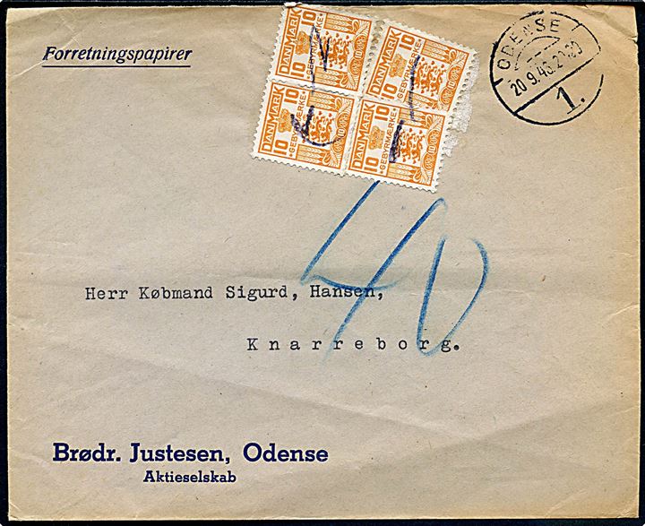 Ufrankeret forretningspapirer stemplet Odense 1 d. 20.9.1943 til Knarreborg. Udtakseret i porto med 10 øre Gebyrmærke (4) annulleret med blæk benyttet som portomærker.