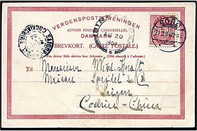 10 øre Våben på brevkort fra Sorø d. 21.7.1904 via Singapore til Saigon, Cochin-China. Interessant destination.