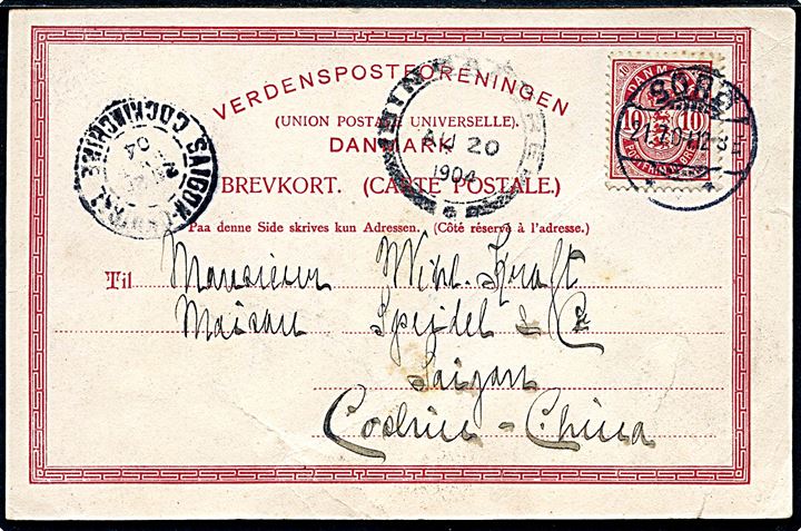 10 øre Våben på brevkort fra Sorø d. 21.7.1904 via Singapore til Saigon, Cochin-China. Interessant destination.
