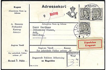 50 øre Chr. X (3) på 150 øre frankeret adressekort for ilpakke fra Kastrup d. 4.3.1940 til Ask pr. Malling. Ilpakkegebyr = 100 øre. 