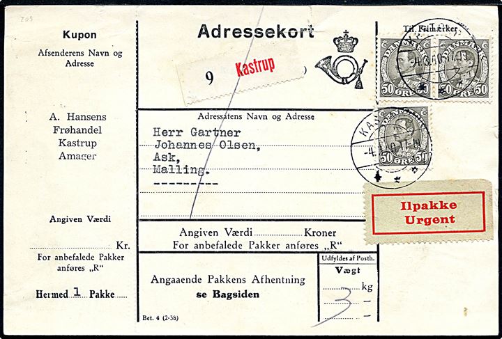 50 øre Chr. X (3) på 150 øre frankeret adressekort for ilpakke fra Kastrup d. 4.3.1940 til Ask pr. Malling. Ilpakkegebyr = 100 øre. 