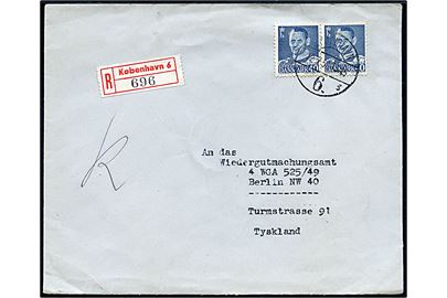 40 øre Fr. IX i parstykke på anbefalet brev fra København d. 12.7.1950 til Berlin, Tyskland.