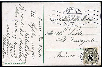 8/3 øre Provisorium på lokalt brevkort med neutralt maskinstempel Rønne d. 31.12.1921 og brotype IIIb Rønne d. 31.12.1921.