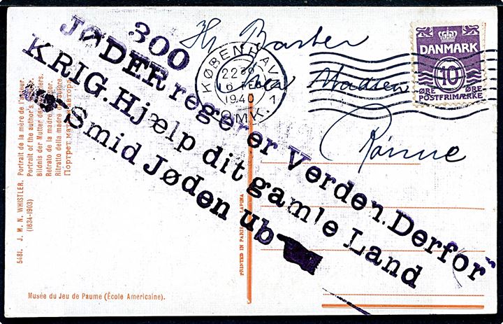 10 øre Bølgelinie på propaganda brevkort fra København d. 16.2.1940 til Rønne. Påstemplet antisemitisk meddelelse: 300 JØDER regerer Verden. Derfor KRIG. Hjælp dit gamle Land - Smid Jøden ud -. 