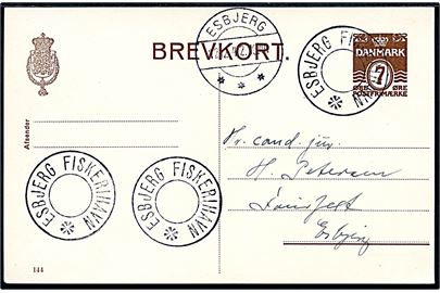 7 øre lokalt helsagsbrevkort (fabr. 144) annulleret med udslebet stjernestempel ESBJERG FISKERIHAVN (type II) og sidestemplet Esbjerg d. 12.12.1942. Anvendt ca. 10 måneder tidligere end angivet af Skilling.