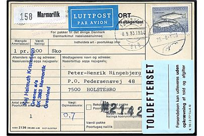 50 kr. Skællaks single på adressekort for luftpostpakke fra Marmorilik d. 29.8.1983 via København Told til Holstebro, Danmark.