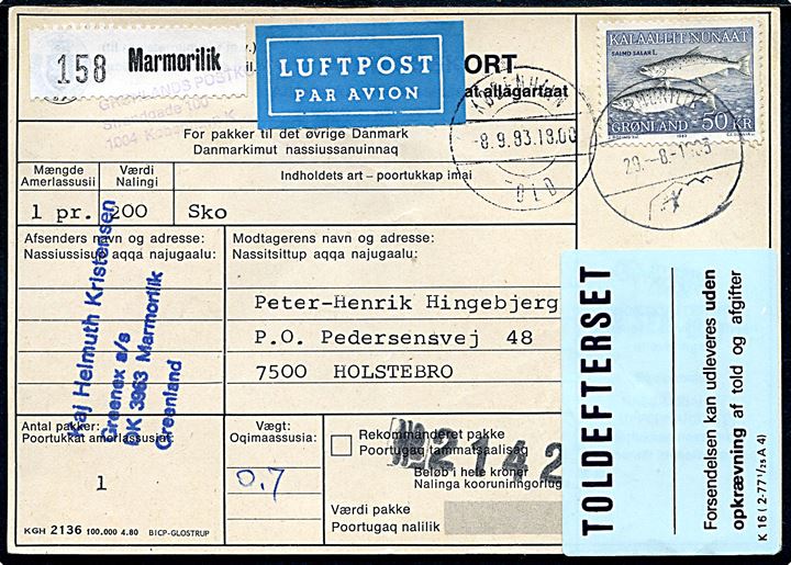 50 kr. Skællaks single på adressekort for luftpostpakke fra Marmorilik d. 29.8.1983 via København Told til Holstebro, Danmark.
