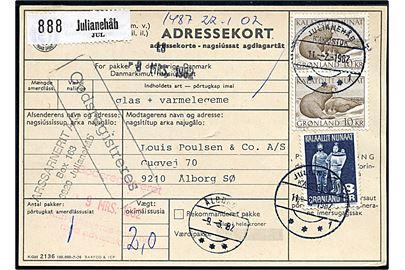 8 kr. Træfigurer og 10 kr. Hvalrosser (par) på adressekort for pakke fra Julianehåb d. 11.2.1982 til Ålborg Øst. Ank.stemplet med postsparestempel Ålborg 3 d. 9.3.1982