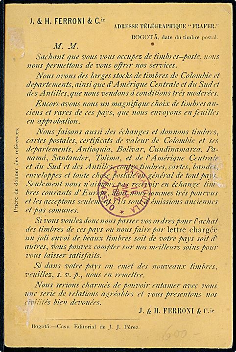 2 c. helsagskort med fortrykt meddelelse fra Bogota via Barranquilla d. 16.3.1892 annulleret Kingston Jamaica d. 4.4.1892 og sidestemplet JAMAICA / TRANSIT via London til Kjøbenhavn, Danmark