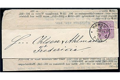 5 pfg. Ciffer udg. på korsbånd for tryksag fra Hamburg d. 29.11.1879 til Fredericia, Danmark