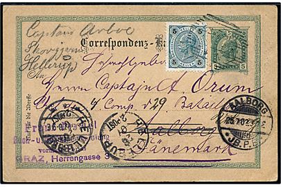 5 h. helsagsbrevkort opfrankeret med 5 h. fra Graz 1902 til Capt. Ørum ved 29 Bataillon i Aalborg, Danmark - eftersendt til Hellerup.