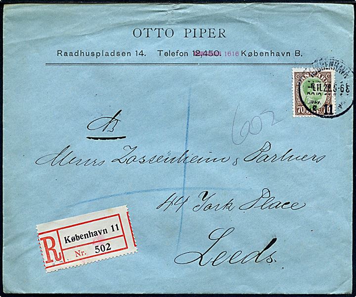 70 øre Chr. X single på anbefalet brev fra Kjøbenhavn d. 4.11.1922 til Leeds, England.
