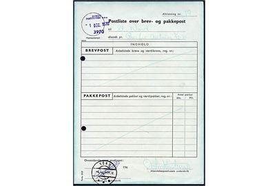 Postliste over brev- og pakkepost afsendt fra Dundas d. 1.12.1970 med Pacific Airlines til Station Nord. 