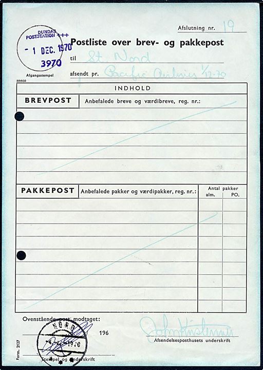 Postliste over brev- og pakkepost afsendt fra Dundas d. 1.12.1970 med Pacific Airlines til Station Nord. 