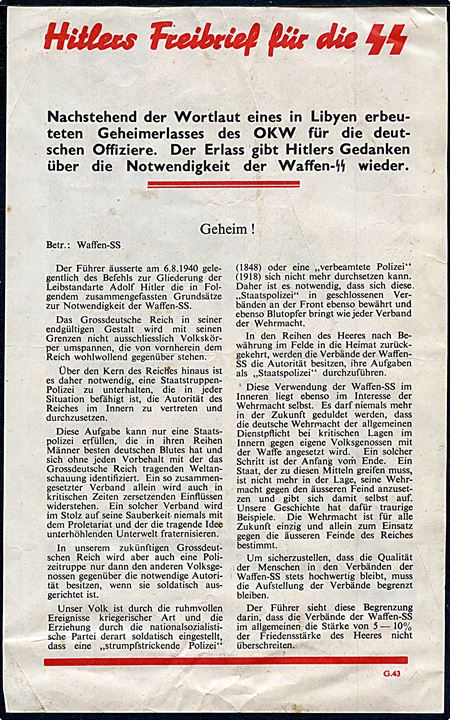 Britisk propaganda flyveblad Hitlers Freibrief für die SS nedkastet af Royal Air Force over Tyskland ca. 1942. Formular G.43.