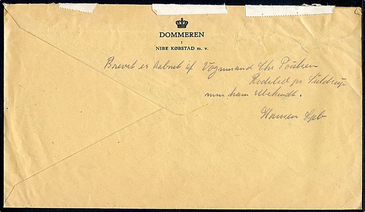 5 øre Bølgelinie og 25 øre Fr. IX i parstykke på 55 øre frankeret brev med afleveringsattest fra Nibe d. 27.1.1951 til Suldrup. Returneret som Modtagelse Nægtet. Fold gennem mærker.