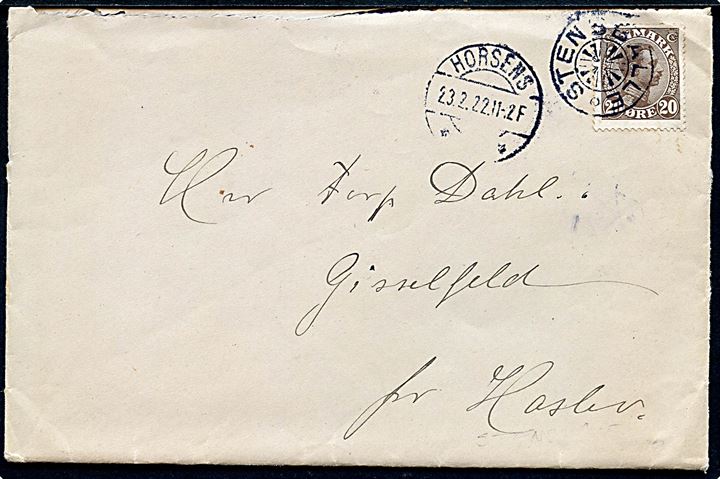20 øre Chr. X på brev annulleret med stjernestempel STENSBALLE og sidestemplet Horsens d. 23.2.1922 til Gisselfeld pr. Haslev.