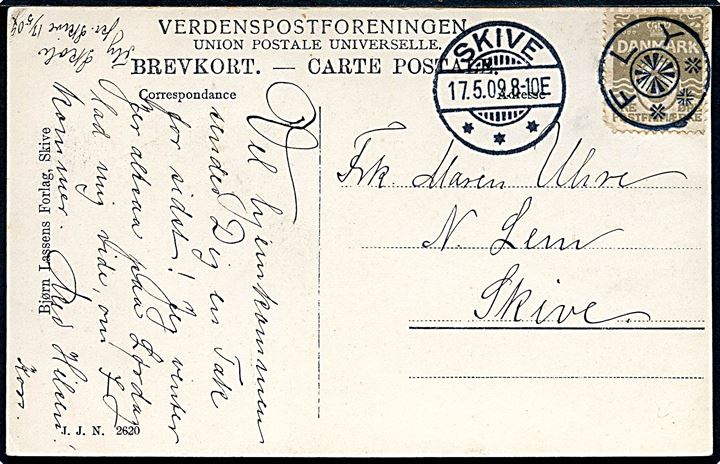 3 øre Bølgelinie (defekt) på lokalt brevkort annulleret med stjernestempel FLY og sidestemplet Skive d. 17.5.1909 til N. Lem pr. Skive.
