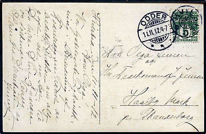 5 øre Bølgelinie på brevkort (Distrikts Jordemoderbolig) annulleret med stjernestempel HVILSTED og sidestemplet Odder d. 11.11.1912 til Skanderborg. 